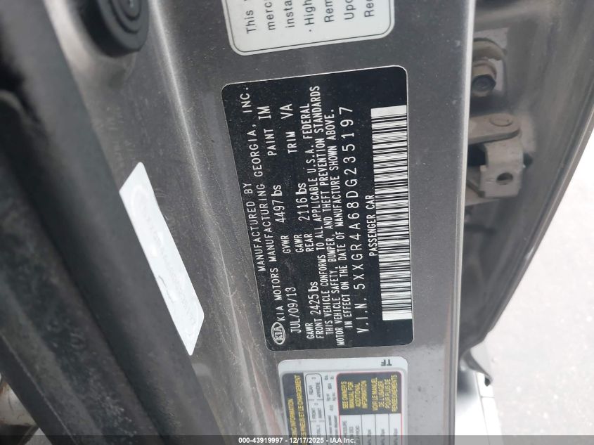 2013 Kia Optima Sx VIN: 5XXGR4A68DG235197 Lot: 43919997