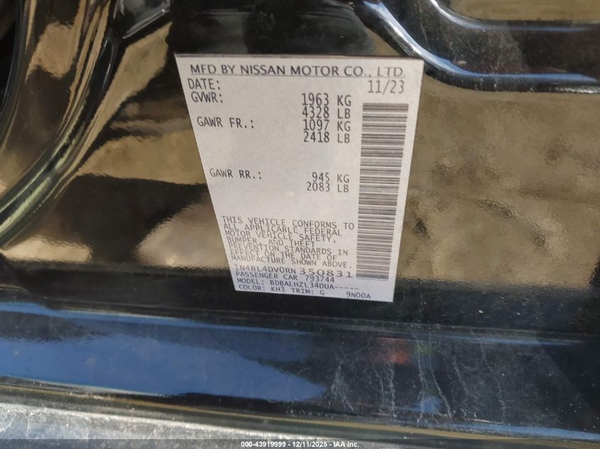 2024 Nissan Altima Sv Fwd VIN: 1N4BL4DV0RN350831 Lot: 43919999