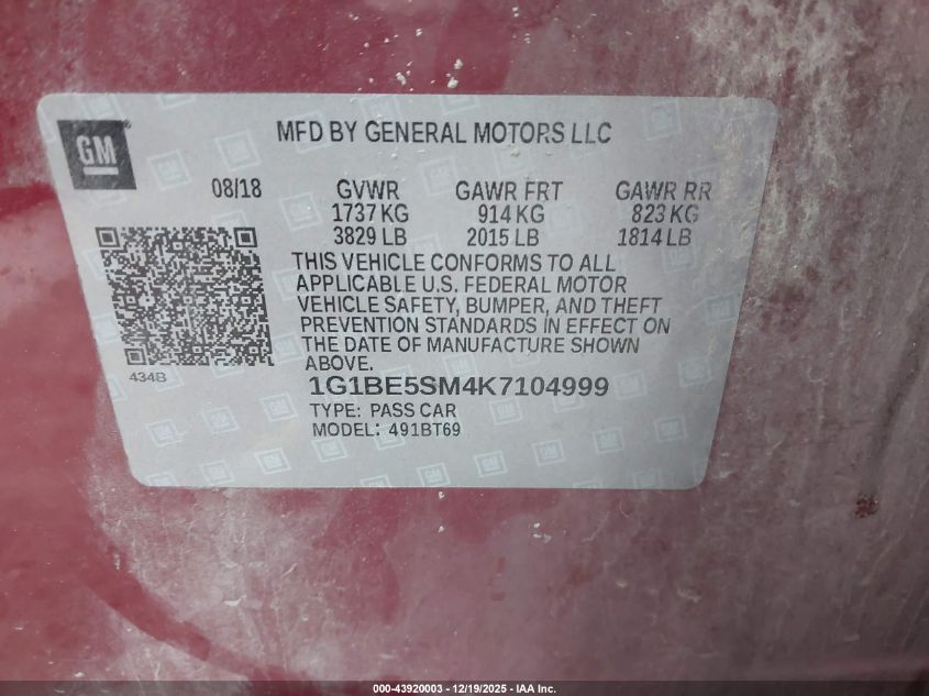 2019 Chevrolet Cruze Lt VIN: 1G1BE5SM4K7104999 Lot: 43920003