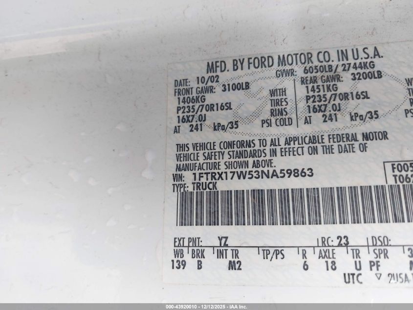 2003 Ford F-150 Lariat/Xl/Xlt VIN: 1FTRX17W53NA59863 Lot: 43920010