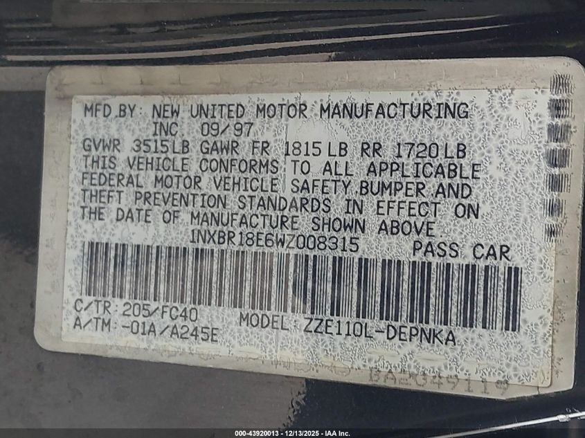 1998 Toyota Corolla Le VIN: 1NXBR18E6WZ008315 Lot: 43920013