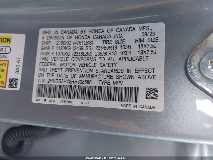 2024 Honda Cr-V Ex 2Wd VIN: 2HKRS3H42RH308586 Lot: 43920019