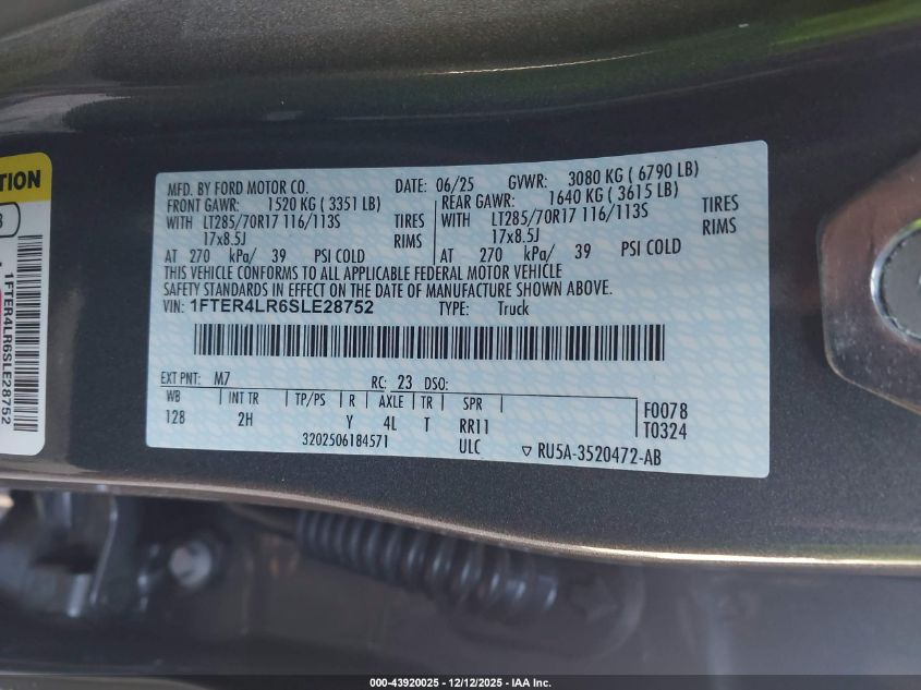 2025 Ford Ranger Raptor VIN: 1FTER4LR6SLE28752 Lot: 43920025