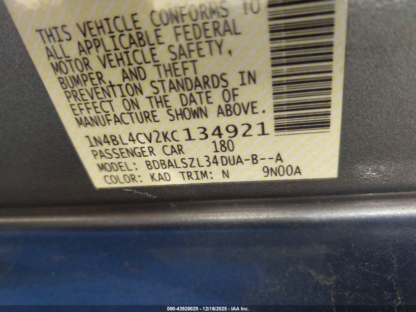 2019 Nissan Altima 2.5 Sr VIN: 1N4BL4CV2KC134921 Lot: 43920029
