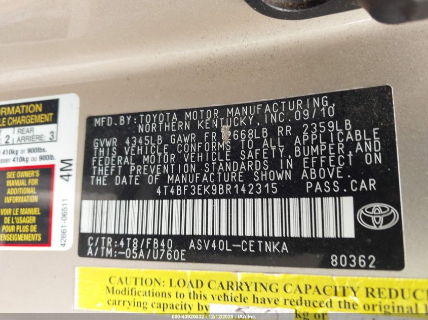 2011 Toyota Camry Le VIN: 4T4BF3EK9BR142315 Lot: 43920032