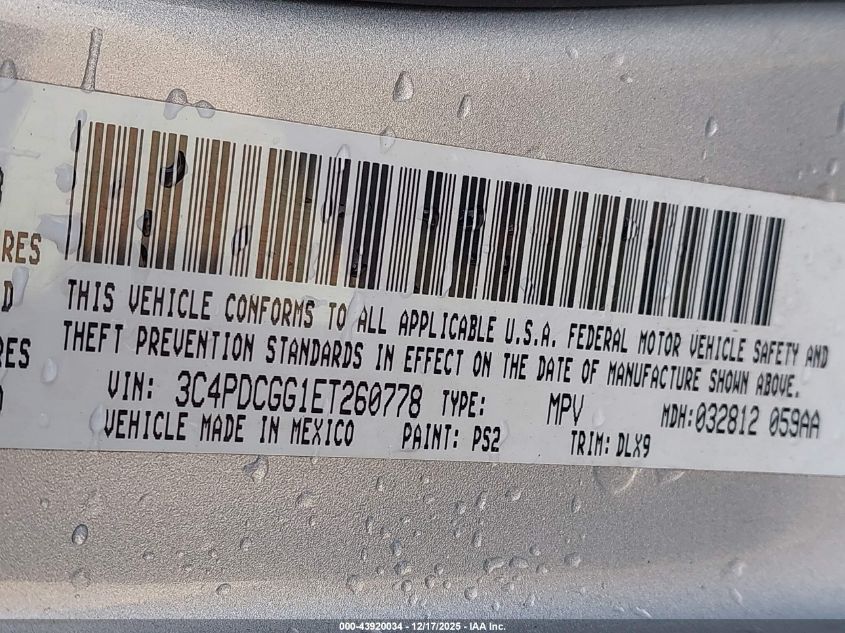 2014 Dodge Journey Crossroad VIN: 3C4PDCGG1ET260778 Lot: 43920034