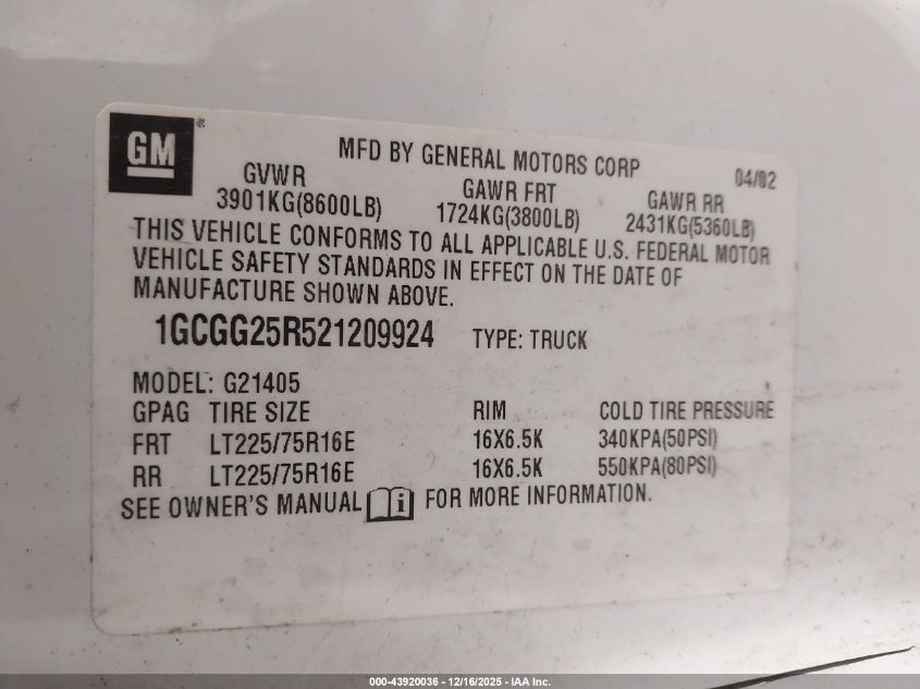 2002 Chevrolet Express VIN: 1GCGG25R521209924 Lot: 43920036