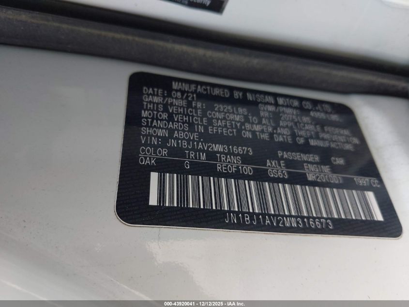 2021 Nissan Rogue Sport S Fwd Xtronic Cvt VIN: JN1BJ1AV2MW316673 Lot: 43920041