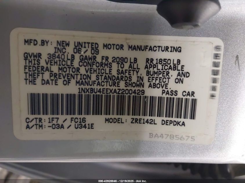 2010 Toyota Corolla Le VIN: 1NXBU4EEXAZ200429 Lot: 43920046