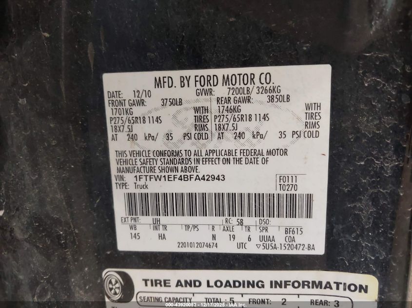 2011 Ford F-150 Lariat VIN: 1FTFW1EF4BFA42943 Lot: 43920052