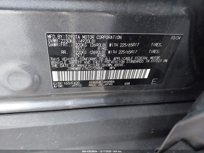 2024 Toyota Rav4 Hybrid Xle VIN: JTMRWRFV7RD272984 Lot: 43920054