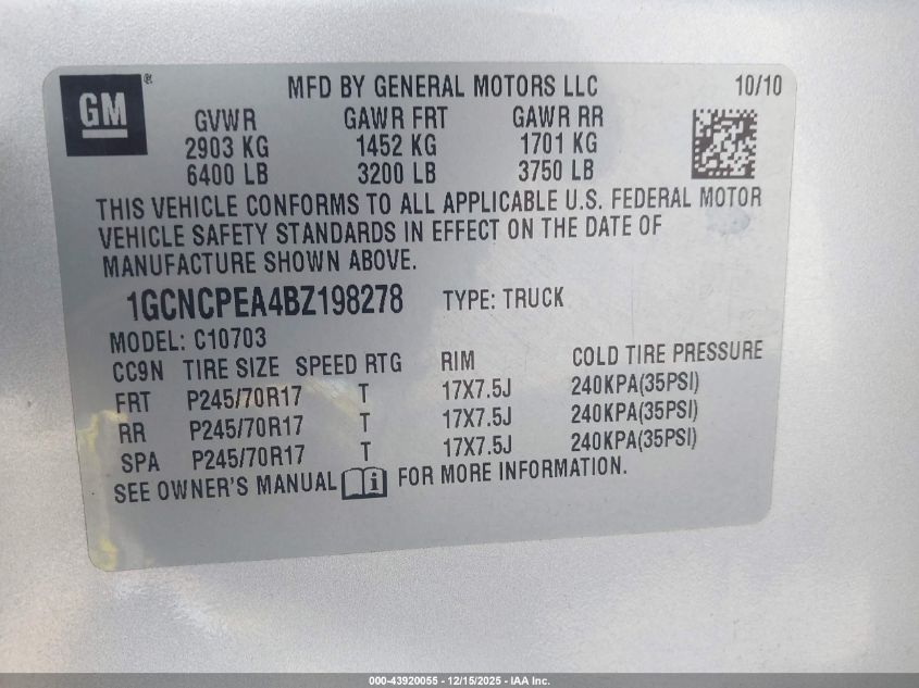 2011 Chevrolet Silverado 1500 Work Truck VIN: 1GCNCPEA4BZ198278 Lot: 43920055