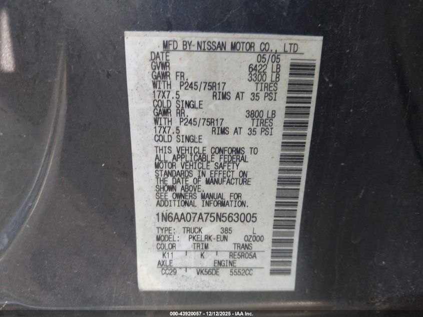 2005 Nissan Titan Xe VIN: 1N6AA07A75N563005 Lot: 43920057