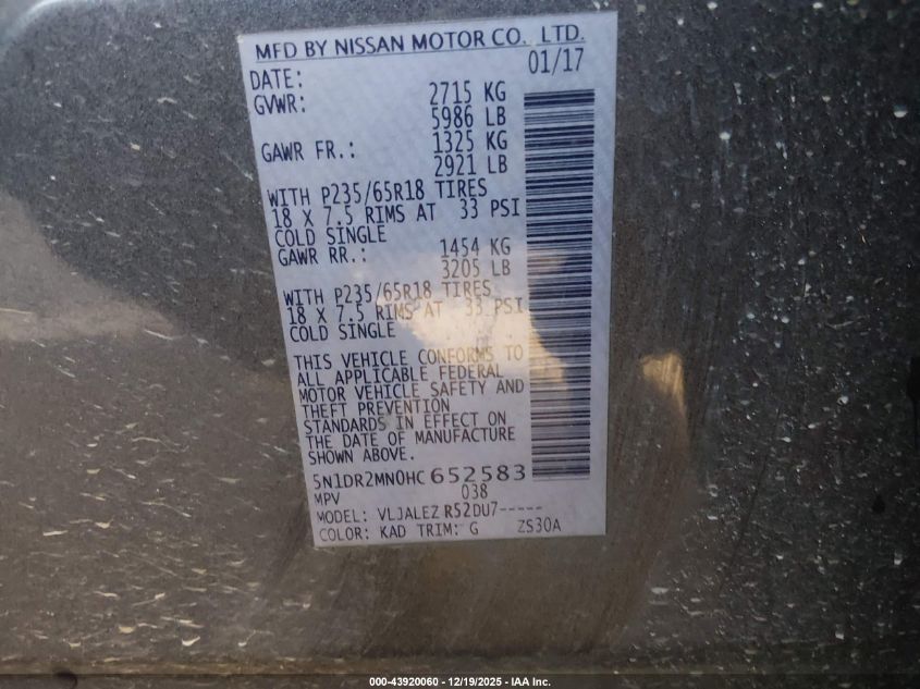 2017 Nissan Pathfinder Sv VIN: 5N1DR2MN0HC652583 Lot: 43920060