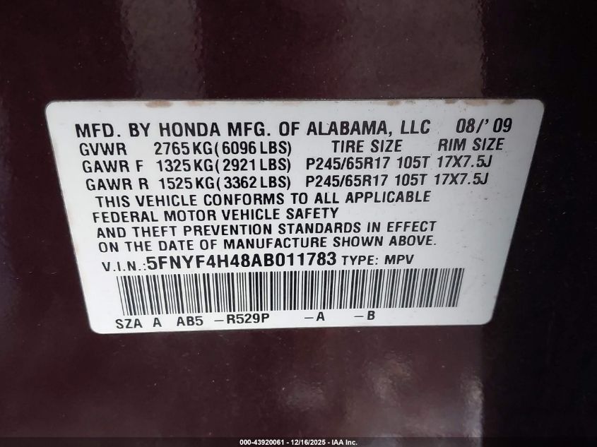 2010 Honda Pilot Ex VIN: 5FNYF4H48AB011783 Lot: 43920061