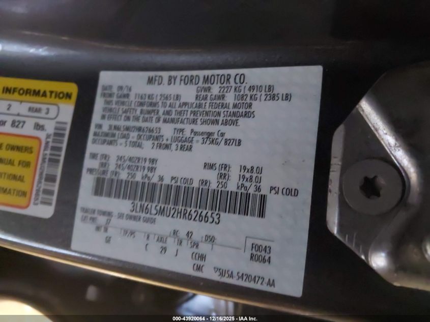 2017 Lincoln Mkz Hybrid Reserve VIN: 3LN6L5MU2HR626653 Lot: 43920064