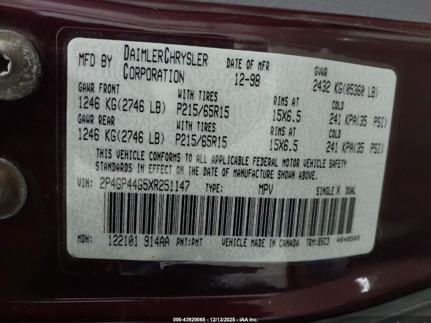 1999 Plymouth Grand Voyager Se VIN: 2P4GP44G5XR251147 Lot: 43920068