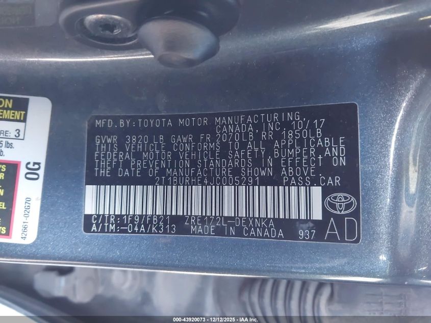 2018 Toyota Corolla Le VIN: 2T1BURHE4JC005291 Lot: 43920073