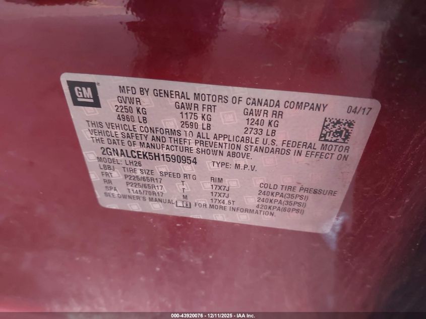 2017 Chevrolet Equinox Lt VIN: 2GNALCEK5H1590954 Lot: 43920076