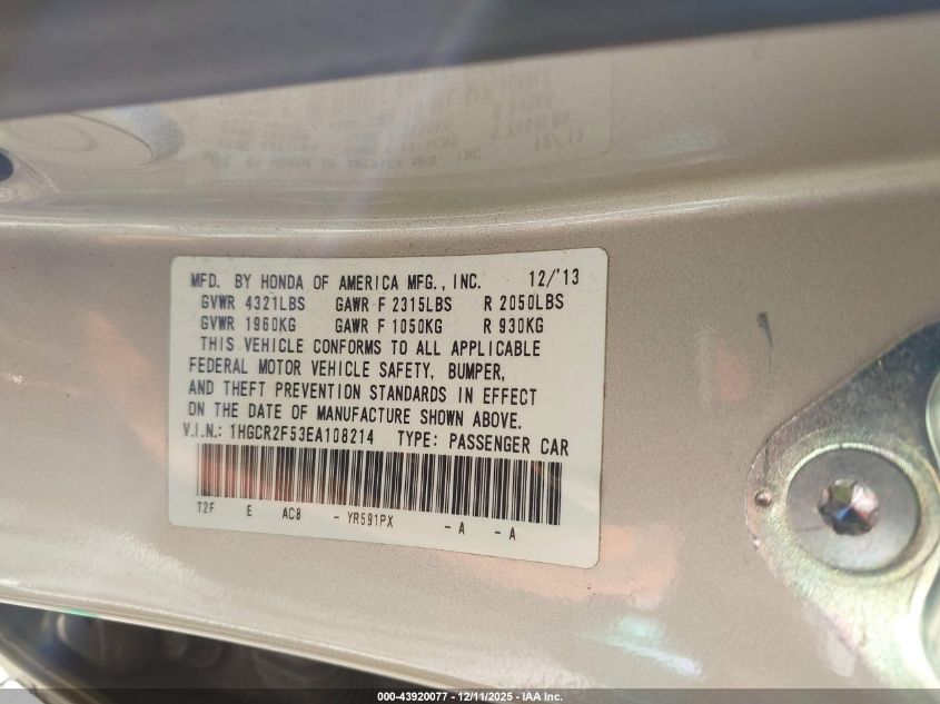 2014 Honda Accord Sport VIN: 1HGCR2F53EA108214 Lot: 43920077