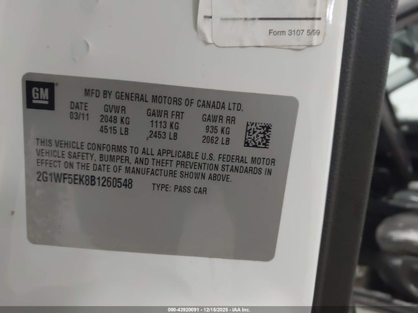 2011 Chevrolet Impala Ls VIN: 2G1WF5EK8B1260548 Lot: 43920091