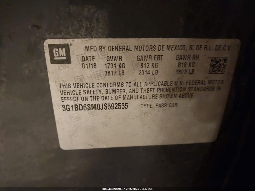 2018 Chevrolet Cruze Lt Manual VIN: 3G1BD6SM0JS592535 Lot: 43920094