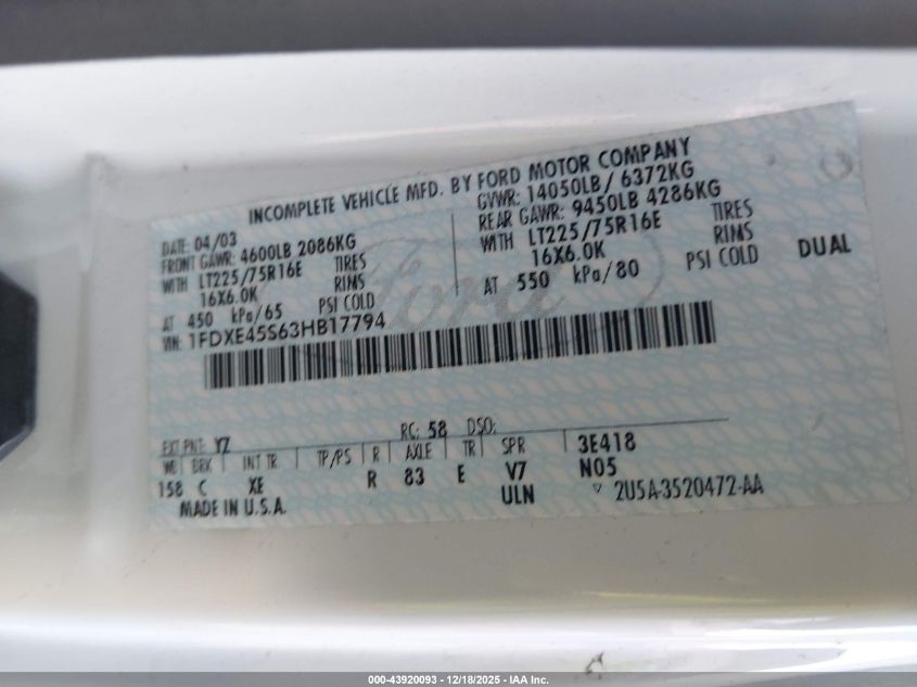 2003 Ford E-450 Cutaway Standard VIN: 1FDXE45S63HB17794 Lot: 43920093