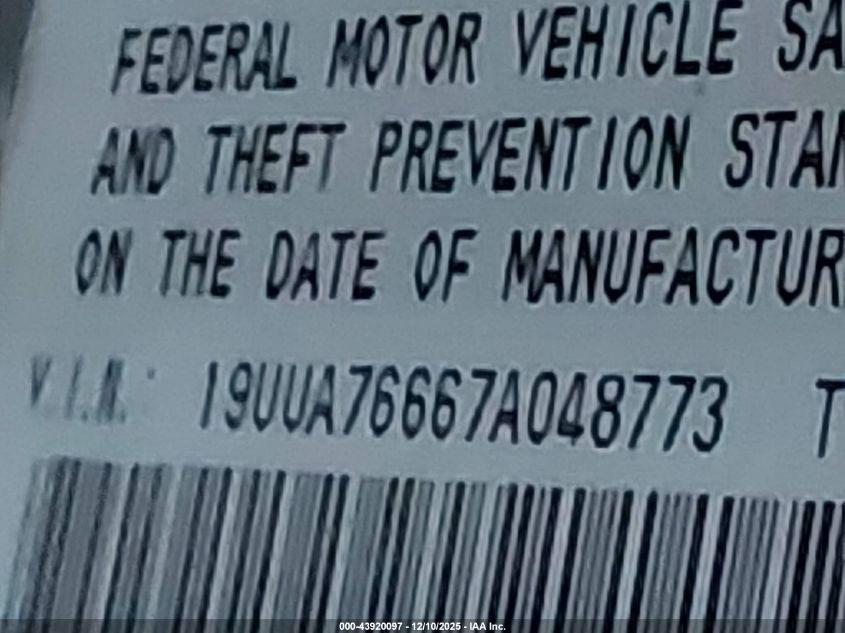 2007 Acura Tl Type S VIN: 19UUA76667A048773 Lot: 43920097