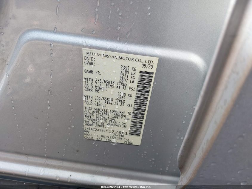 2020 Nissan Murano S Intelligent Awd VIN: 5N1AZ2AS9LN172861 Lot: 43920104