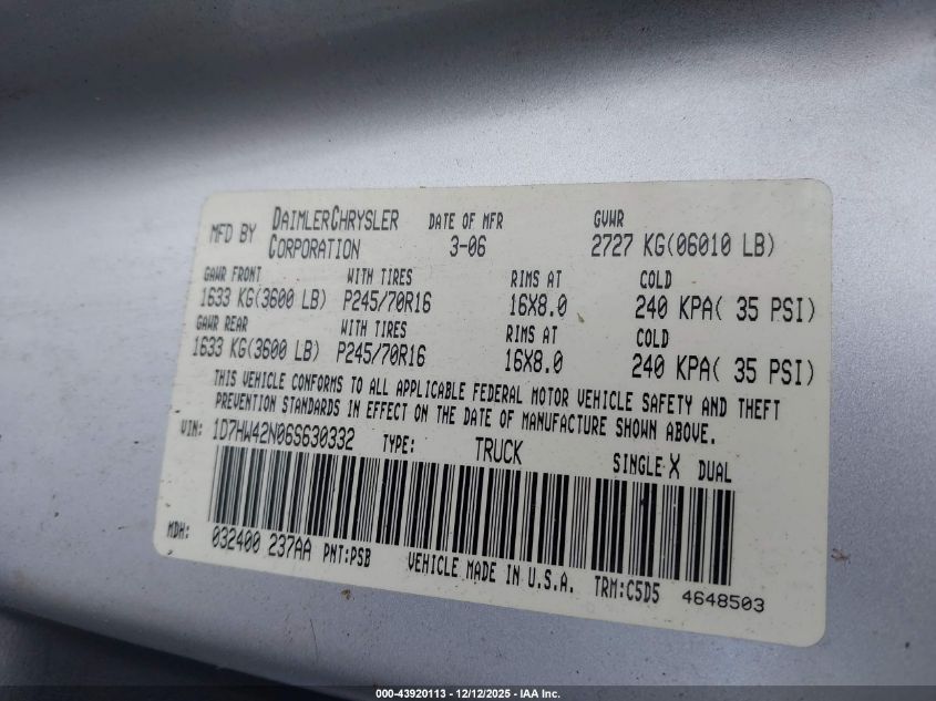 2006 Dodge Dakota Slt VIN: 1D7HW42N06S630332 Lot: 43920113