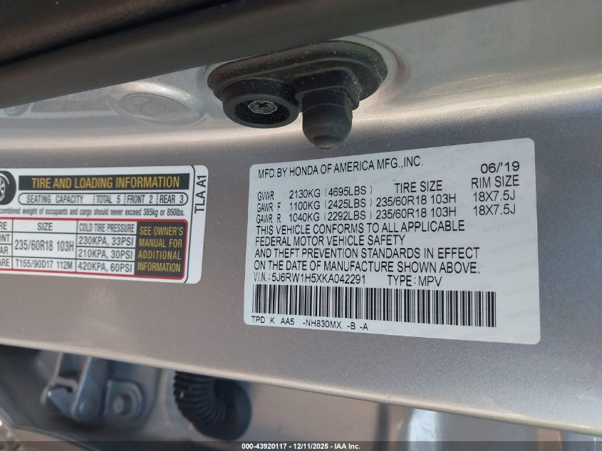 2019 Honda Cr-V Ex VIN: 5J6RW1H5XKA042291 Lot: 43920117