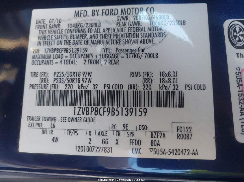 2011 Ford Mustang Gt Premium VIN: 1ZVBP8CF9B5139159 Lot: 43920119