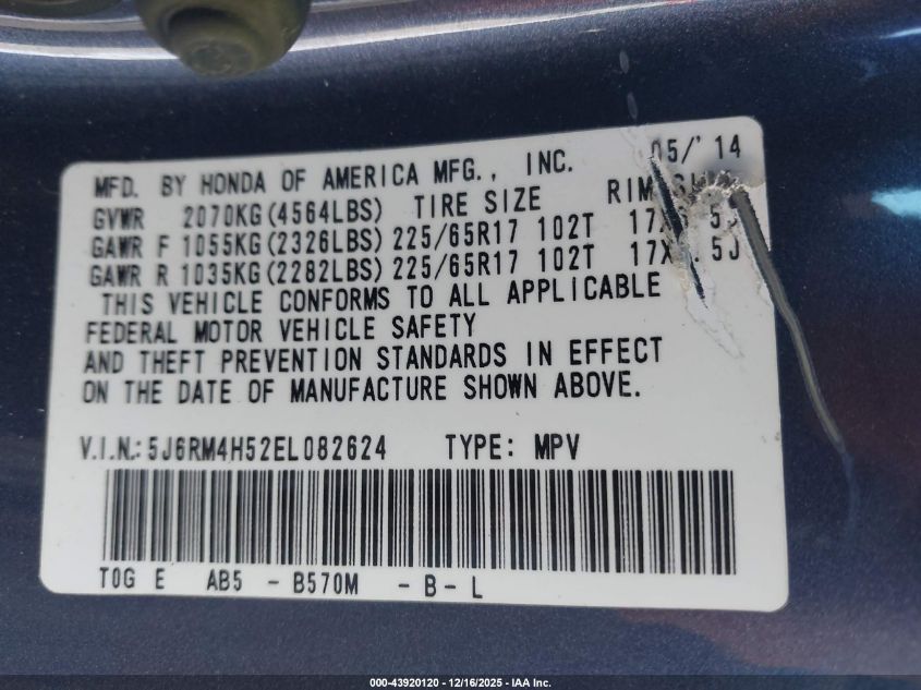 2014 Honda Cr-V Ex VIN: 5J6RM4H52EL082624 Lot: 43920120
