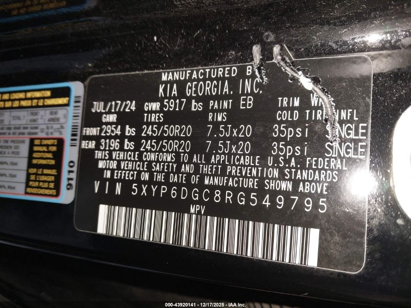 2024 Kia Telluride S VIN: 5XYP6DGC8RG549795 Lot: 43920141