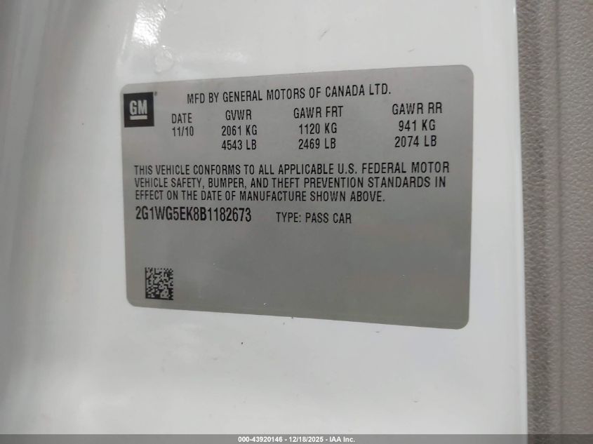 2011 Chevrolet Impala Lt VIN: 2G1WG5EK8B1182673 Lot: 43920146