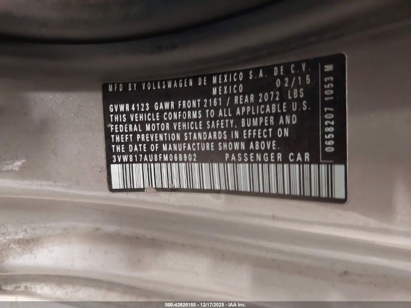 2015 Volkswagen Golf Tsi S 2-Door VIN: 3VW817AU8FM068902 Lot: 43920155