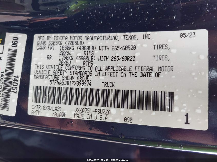 2023 Toyota Tundra Platinum VIN: 5TFNA5DB1PX099974 Lot: 43920157