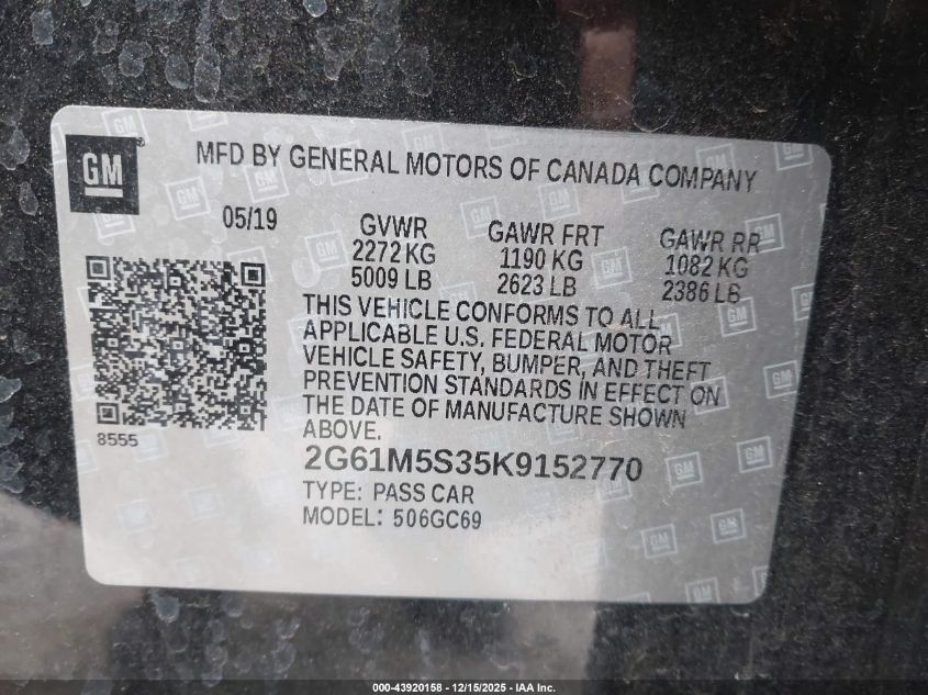 2019 Cadillac Xts Luxury VIN: 2G61M5S35K9152770 Lot: 43920158