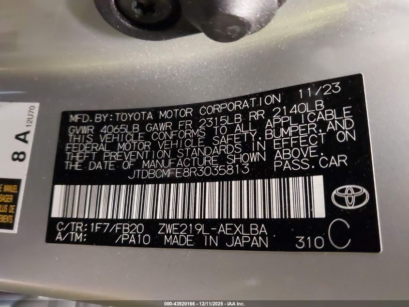 2024 Toyota Corolla Hybrid Le VIN: JTDBCMFE8R3035813 Lot: 43920166