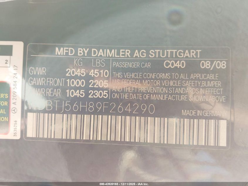 2009 Mercedes-Benz Clk 350 VIN: WDBTJ56H89F264290 Lot: 43920165