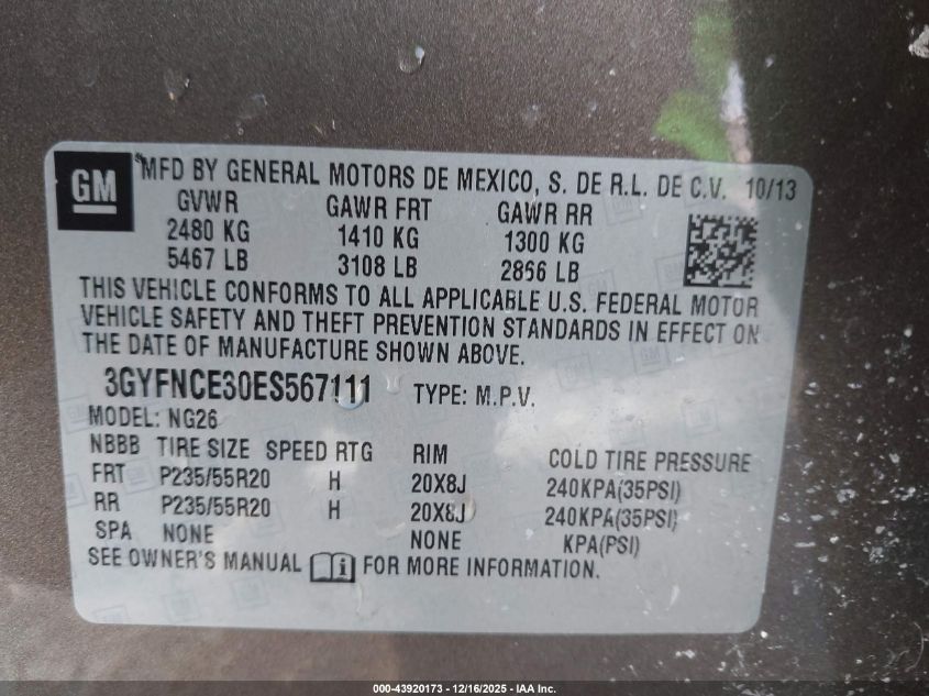 2014 Cadillac Srx Performance Collection VIN: 3GYFNCE30ES567111 Lot: 43920173