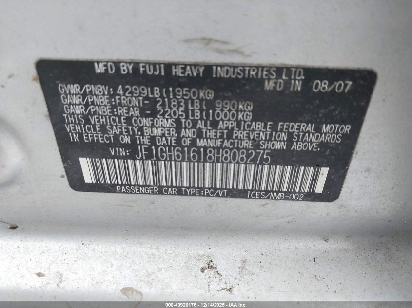 2008 Subaru Impreza 2.5I VIN: JF1GH61618H808275 Lot: 43920176