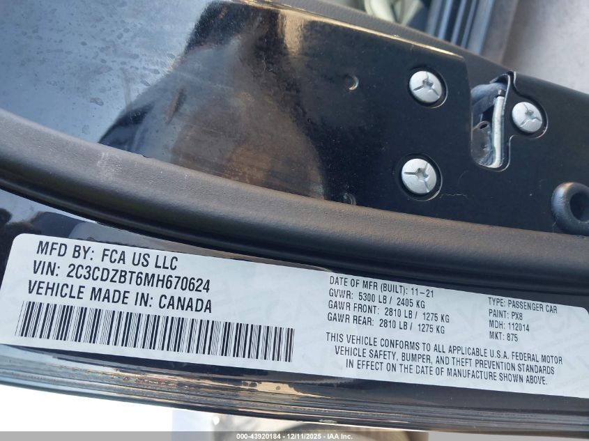 2021 Dodge Challenger R/T VIN: 2C3CDZBT6MH670624 Lot: 43920184