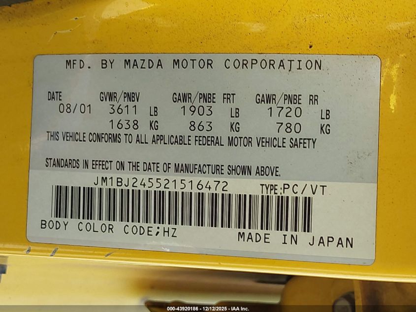 2002 Mazda Protege5 VIN: JM1BJ245521516472 Lot: 43920186