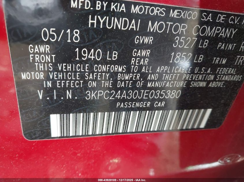 2018 Hyundai Accent Se VIN: 3KPC24A30JE035380 Lot: 43920189