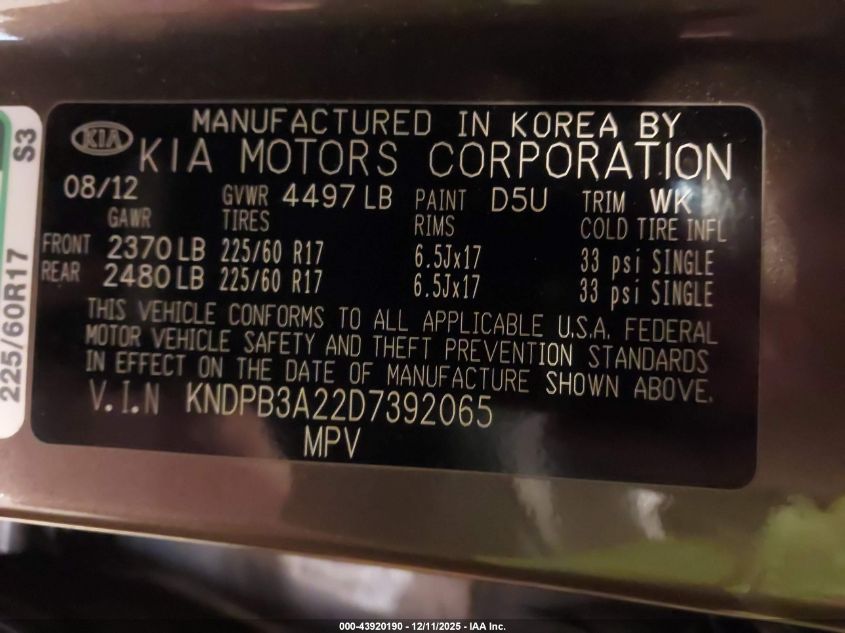 2013 Kia Sportage Lx VIN: KNDPB3A22D7392065 Lot: 43920190