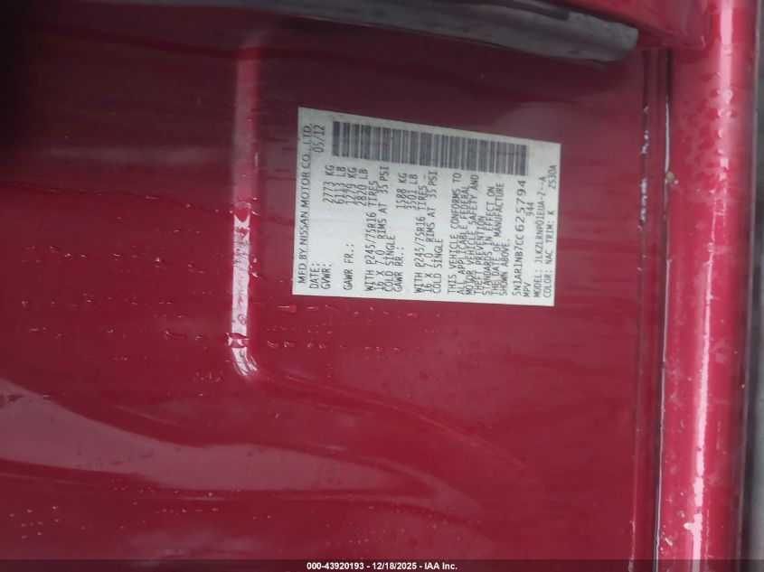 2012 Nissan Pathfinder S VIN: 5N1AR1NB7CC625794 Lot: 43920193