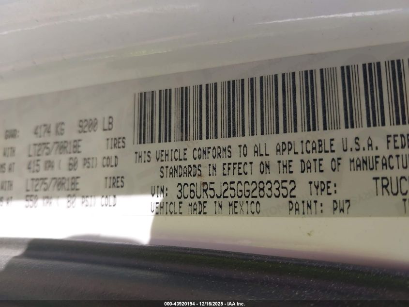 2016 Ram 2500 Slt VIN: 3C6UR5J25GG283352 Lot: 43920194