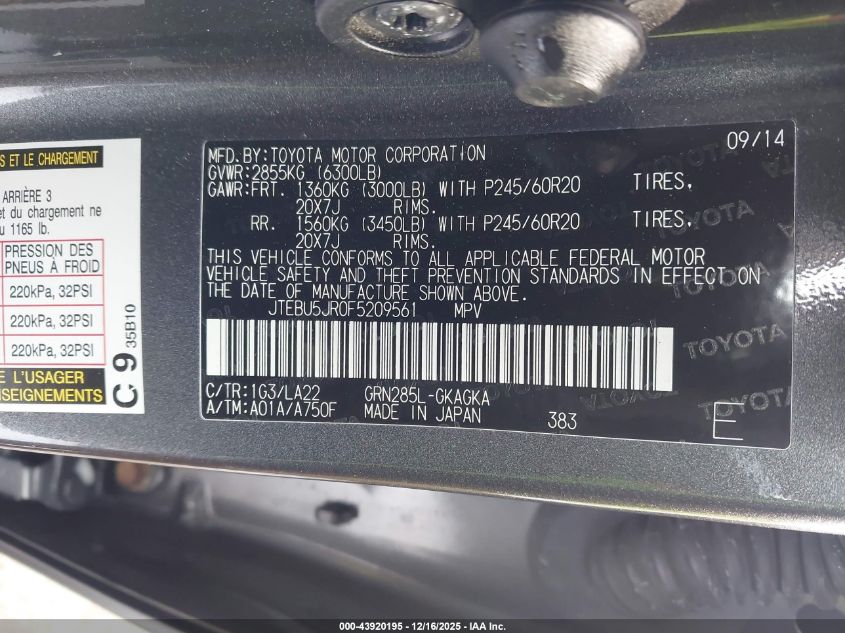 2015 Toyota 4Runner Limited VIN: JTEBU5JR0F5209561 Lot: 43920195