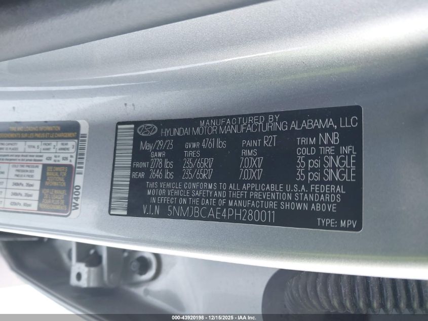 2023 Hyundai Tucson Sel VIN: 5NMJBCAE4PH280011 Lot: 43920198